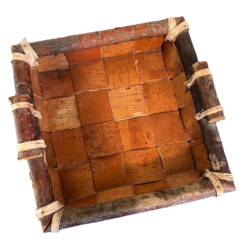 Native American Handmade Birch Bark Basket Square Primitive‎ Rustic Cabincore